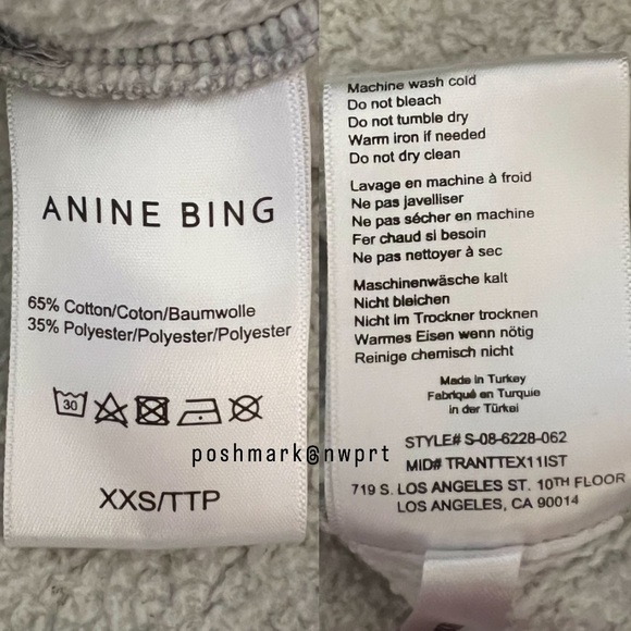 Anine Bing Zane Hoodie Zip Up Sweatshirt Jacket Heather Grey White XXS XS - Picture 10 of 14